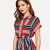 Colorful Striped Belted Button Short Sleeve Pocket Shirt Dress - Image 5