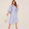 Embroidered Flounce Sleeve Belted Boho Striped Ruffle Dress