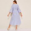 Embroidered Flounce Sleeve Belted Boho Striped Ruffle Dress - Image 2