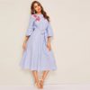 Embroidered Flounce Sleeve Belted Boho Striped Ruffle Dress - Image 3