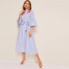 Embroidered Flounce Sleeve Belted Boho Striped Ruffle Dress - Image 4