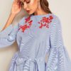 Embroidered Flounce Sleeve Belted Boho Striped Ruffle Dress - Image 5