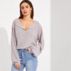 Highstreet Grey V Neck Drop Shoulder Solid Ribbed Plain Long Sleeve Tee