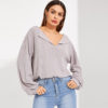 Highstreet Grey V Neck Drop Shoulder Solid Ribbed Plain Long Sleeve Tee - Image 3
