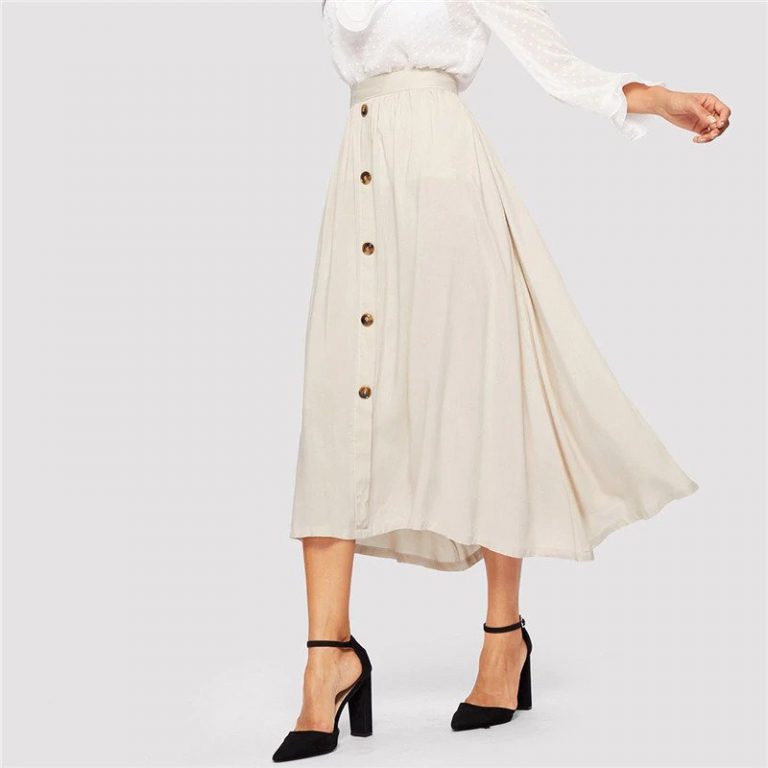 Lady Beige Button Up Flared Maxi Skirts