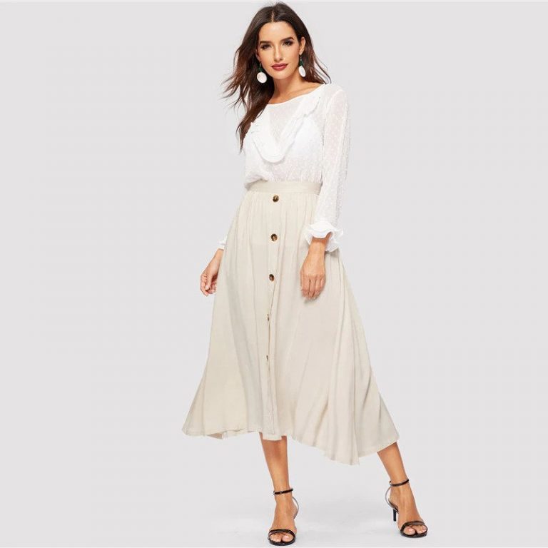 Lady Beige Button Up Flared Maxi Skirts - Image 5