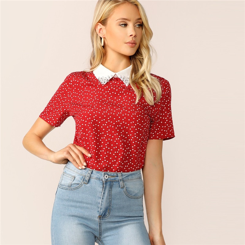 Lady Red Preppy Heart Print Contrast Collar Pearl Beaded T Shirt