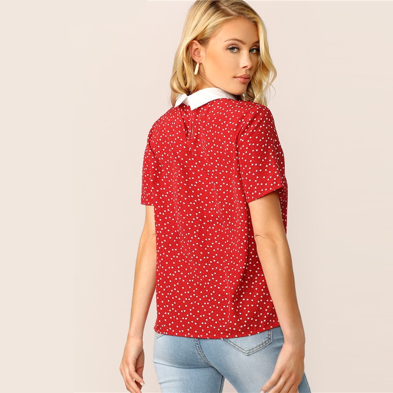 Lady Red Preppy Heart Print Contrast Collar Pearl Beaded T Shirt - Image 2