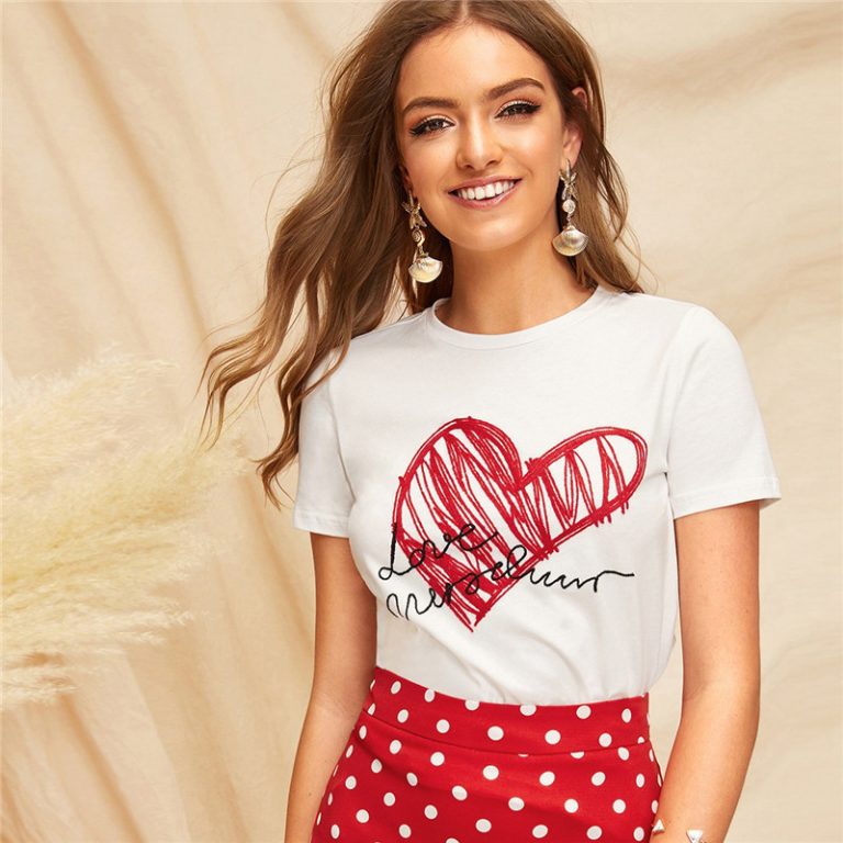 Lady Simple Round Neck Graphic Print White T Shirt