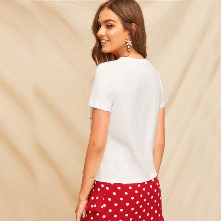 Lady Simple Round Neck Graphic Print White T Shirt - Image 3