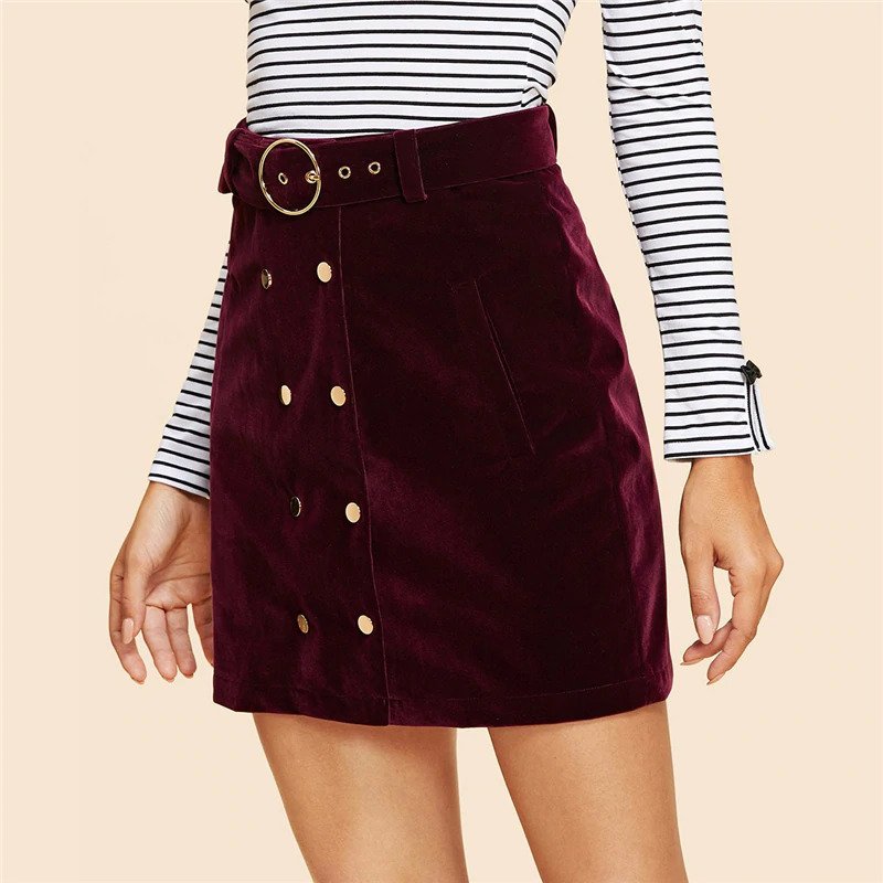 Maroon Double Button Belted Velvet Skirt