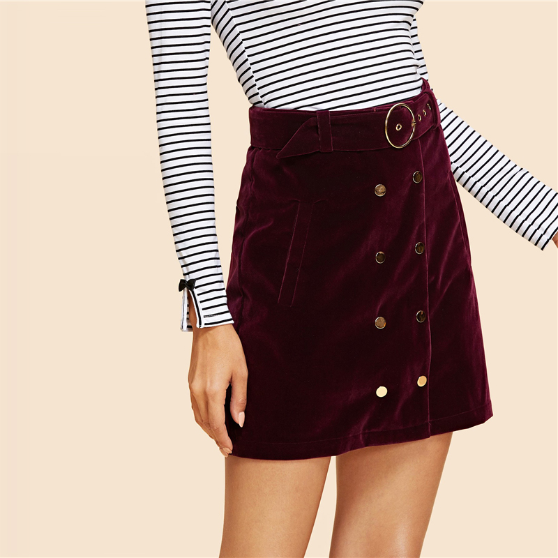 Maroon Double Button Belted Velvet Skirt - Image 2