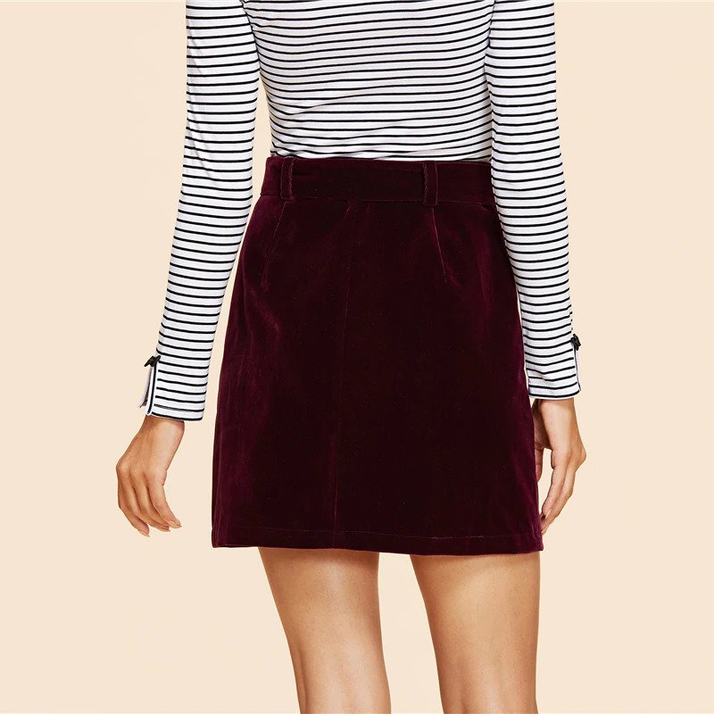 Maroon Double Button Belted Velvet Skirt - Image 3