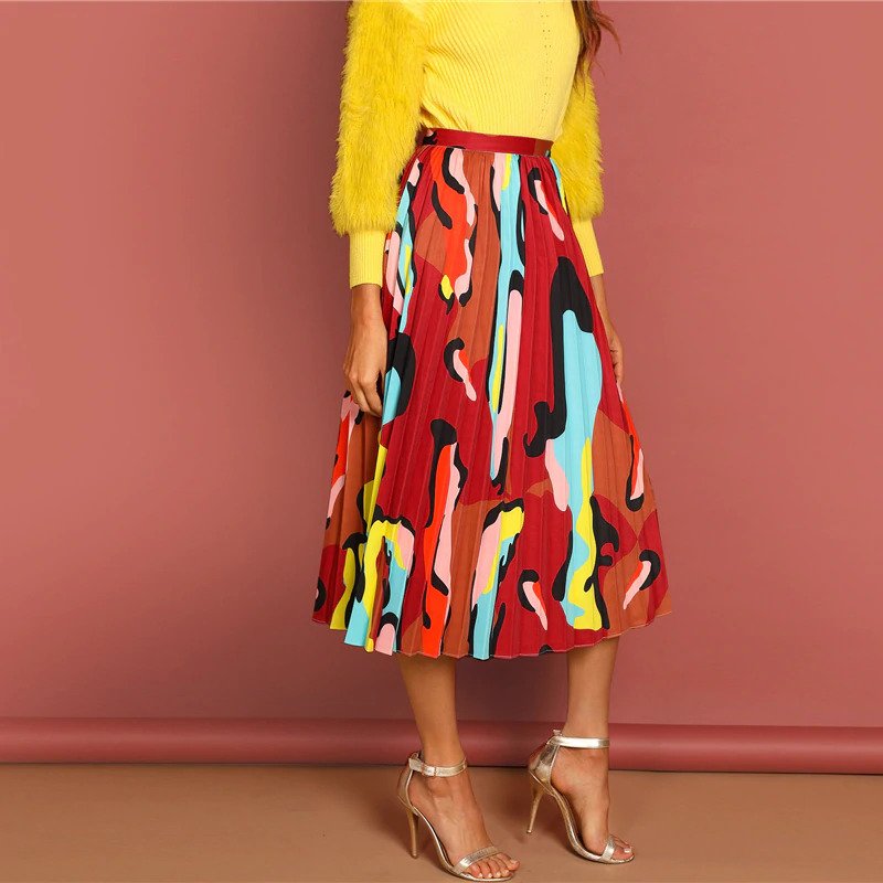 Multicolor Graphic Print Pleated High Waist Straight Long Skirt - Image 2