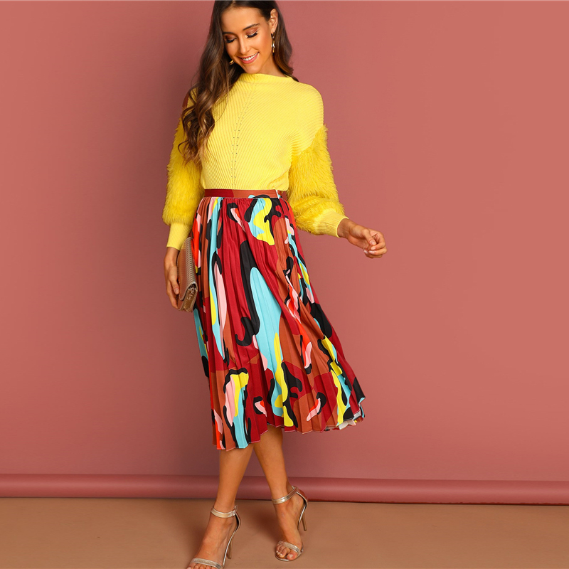 Multicolor Graphic Print Pleated High Waist Straight Long Skirt - Image 4
