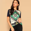 Retro Multi color Scarf Print Mixed Media Top Round Neck Short Sleeve Tshirt