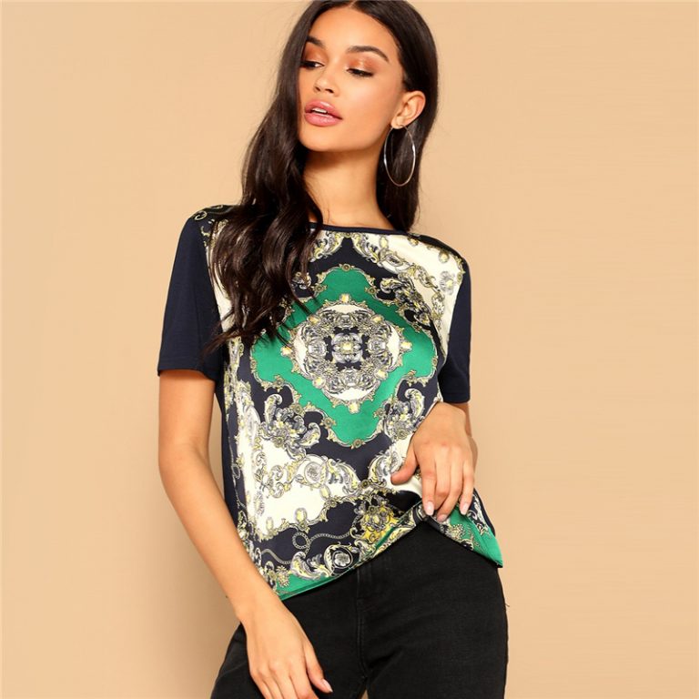 Retro Multi color Scarf Print Mixed Media Top Round Neck Short Sleeve Tshirt