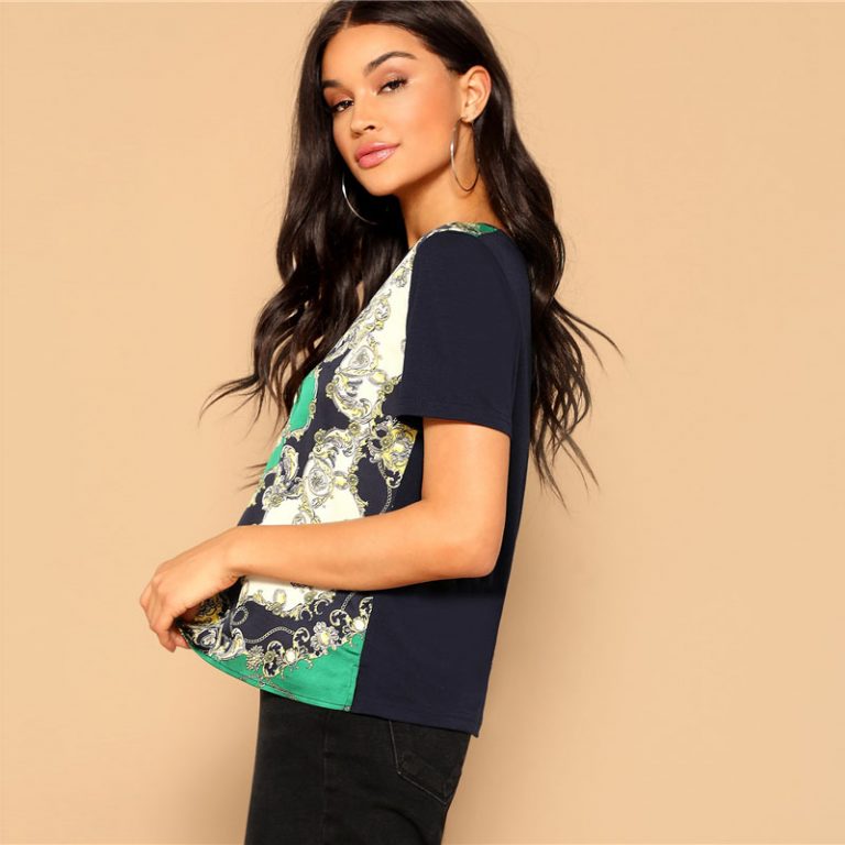 Retro Multi color Scarf Print Mixed Media Top Round Neck Short Sleeve Tshirt - Image 2