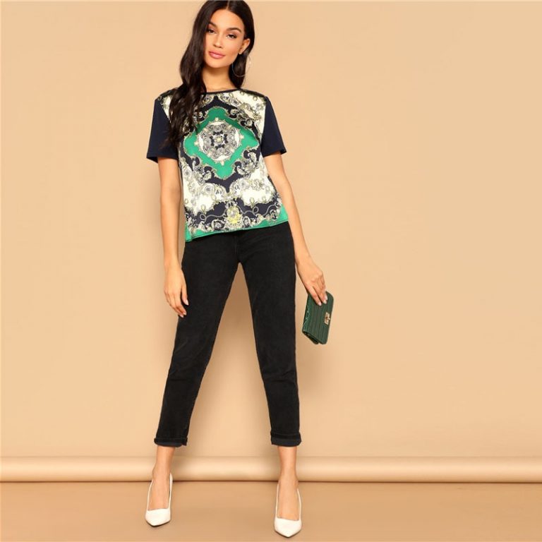 Retro Multi color Scarf Print Mixed Media Top Round Neck Short Sleeve Tshirt - Image 4