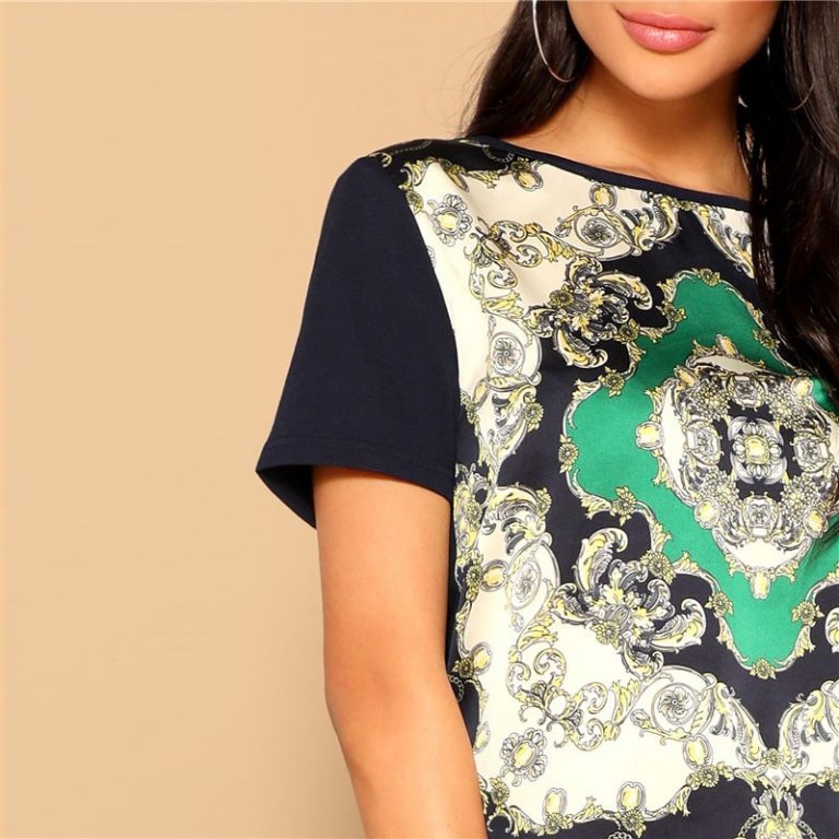 Retro Multi color Scarf Print Mixed Media Top Round Neck Short Sleeve Tshirt - Image 5