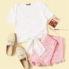 Sexy White Deep V Neck Crop Wrap Belted Slim Fitted Solid T Shirt - Image 2