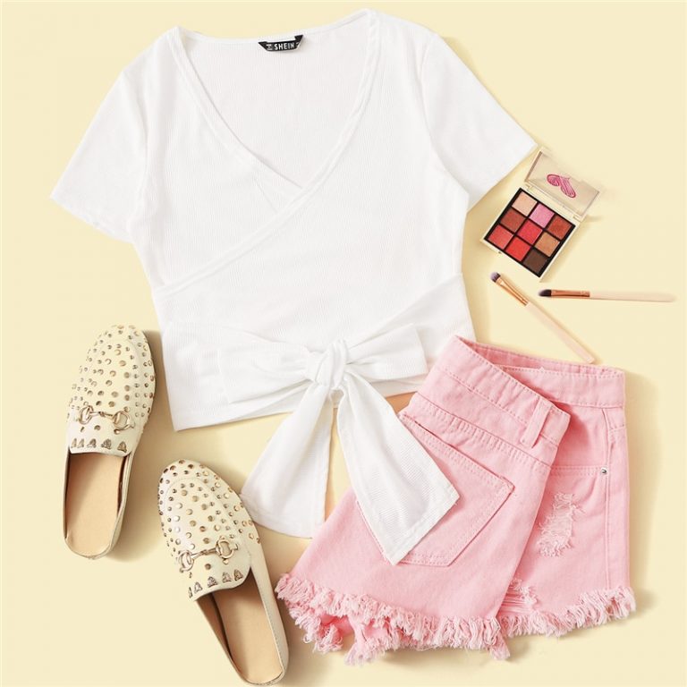 Sexy White Deep V Neck Crop Wrap Belted Slim Fitted Solid T Shirt - Image 2