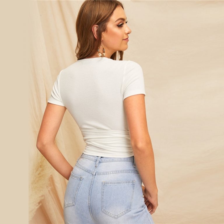 Sexy White Deep V Neck Crop Wrap Belted Slim Fitted Solid T Shirt - Image 11
