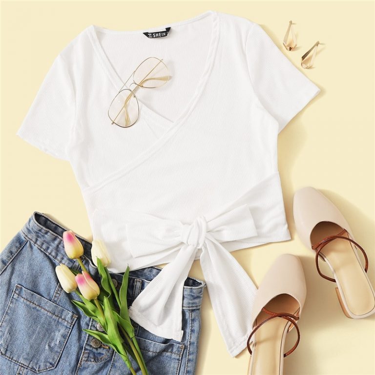 Sexy White Deep V Neck Crop Wrap Belted Slim Fitted Solid T Shirt - Image 3