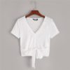Sexy White Deep V Neck Crop Wrap Belted Slim Fitted Solid T Shirt - Image 4