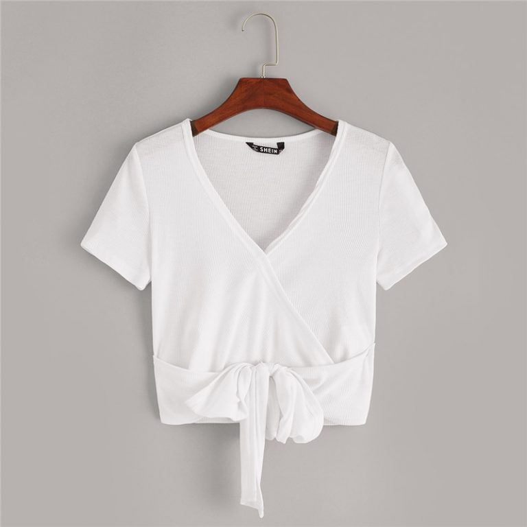 Sexy White Deep V Neck Crop Wrap Belted Slim Fitted Solid T Shirt - Image 4