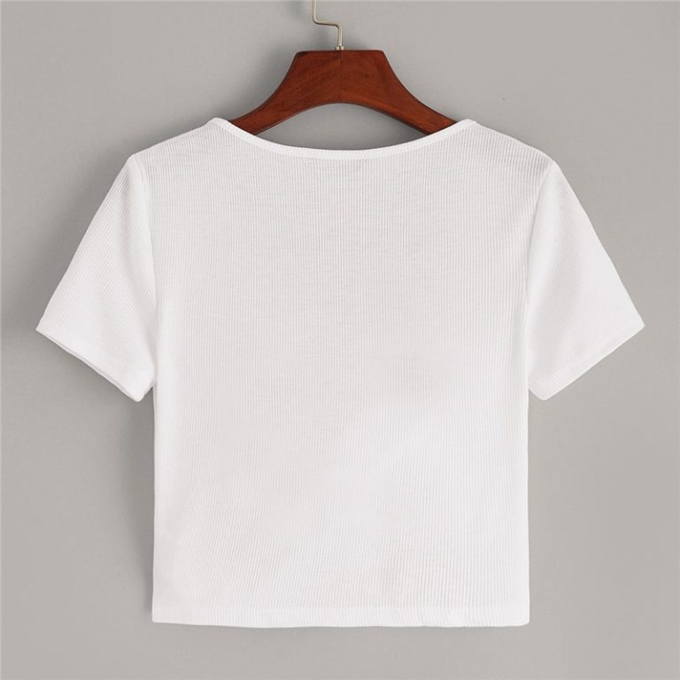 Sexy White Deep V Neck Crop Wrap Belted Slim Fitted Solid T Shirt - Image 5