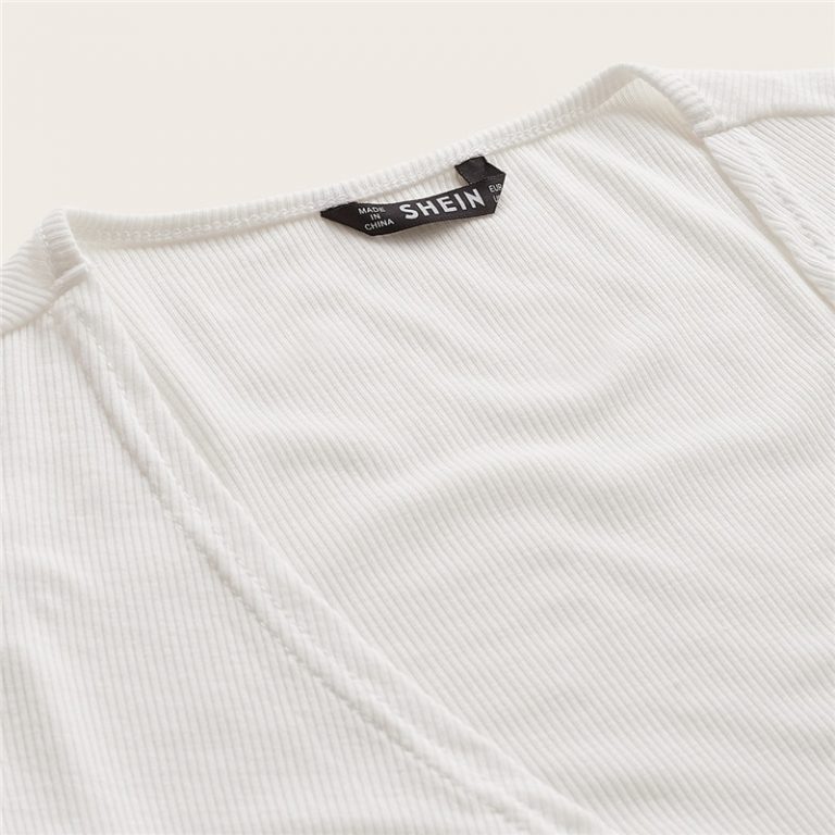 Sexy White Deep V Neck Crop Wrap Belted Slim Fitted Solid T Shirt - Image 7