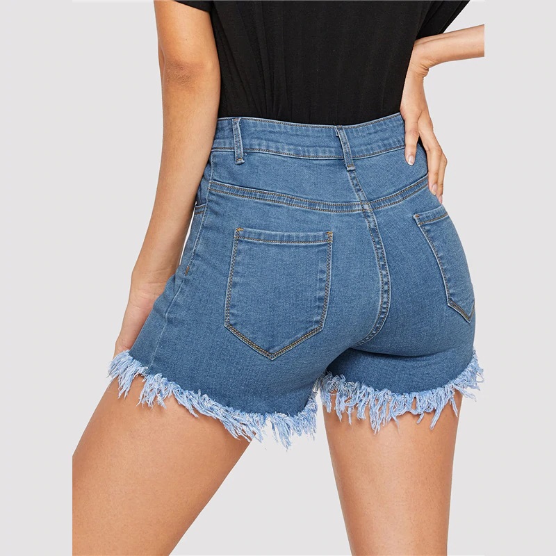 Solid Frayed Edge Button Fly Double Pocket Denim Shorts - Image 2