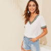 V Neck Aztec Embroidered Tape Trim Short Sleeve T Shirt