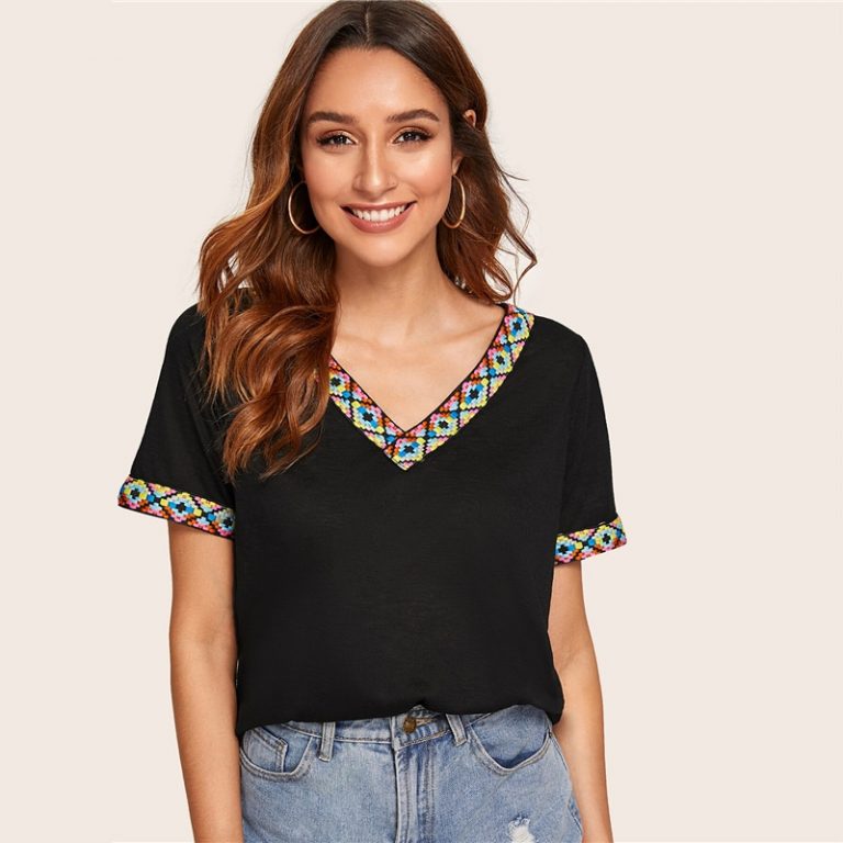 V Neck Aztec Embroidered Tape Trim Short Sleeve T Shirt - Image 10