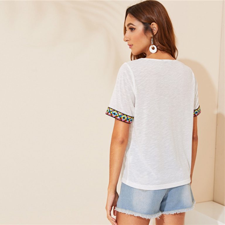 V Neck Aztec Embroidered Tape Trim Short Sleeve T Shirt - Image 2