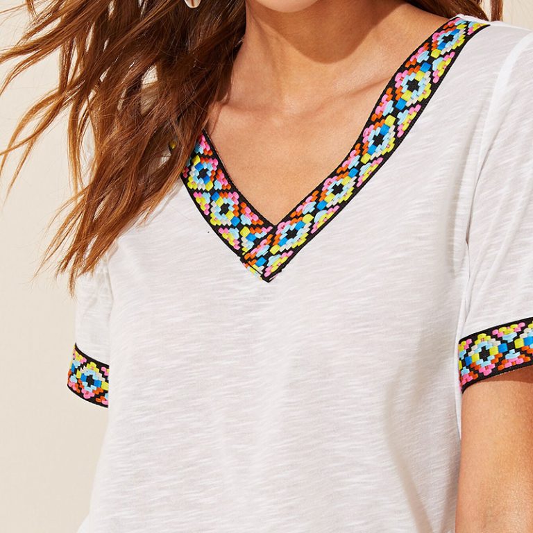 V Neck Aztec Embroidered Tape Trim Short Sleeve T Shirt - Image 5