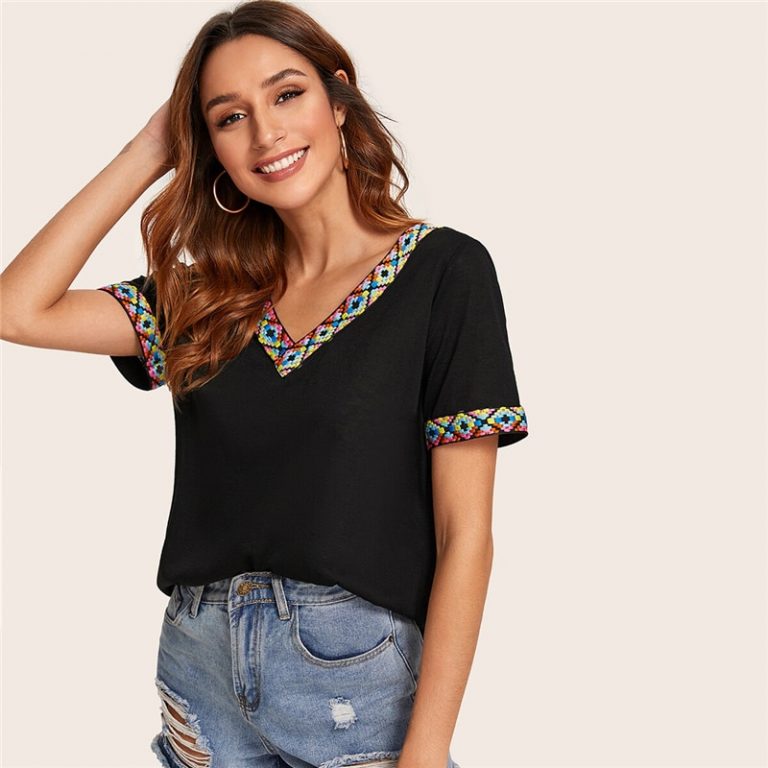 V Neck Aztec Embroidered Tape Trim Short Sleeve T Shirt - Image 6