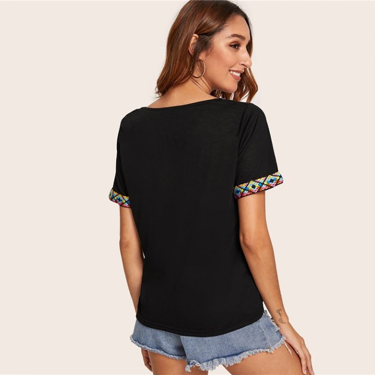 V Neck Aztec Embroidered Tape Trim Short Sleeve T Shirt - Image 7