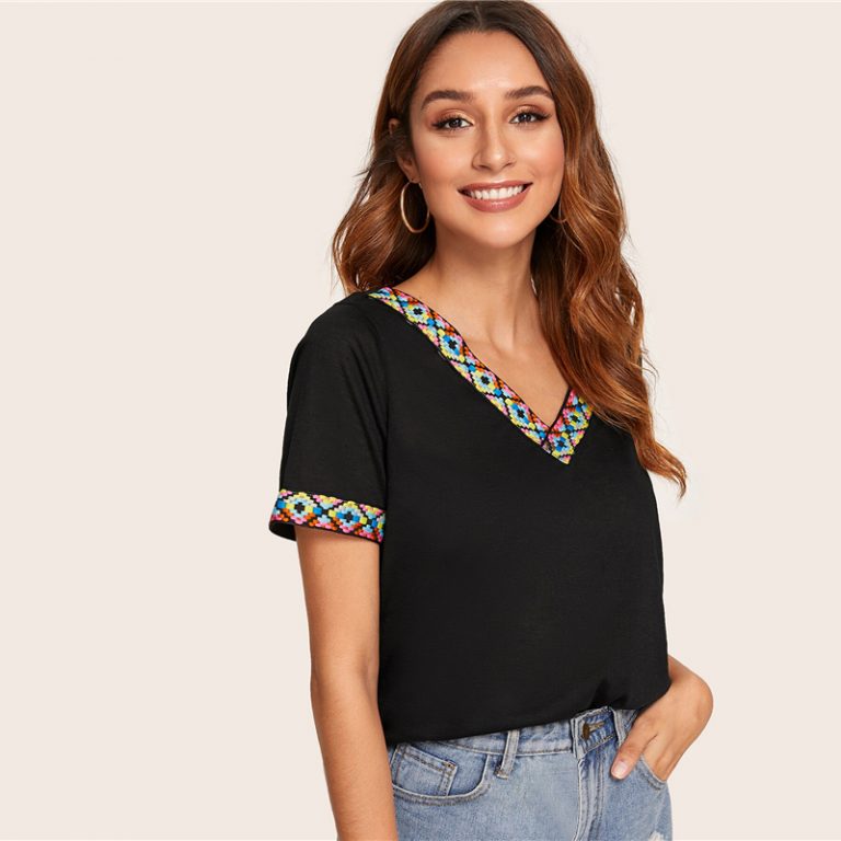 V Neck Aztec Embroidered Tape Trim Short Sleeve T Shirt - Image 9