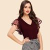 Vintage Black Dot Contrast Mesh Sleeve V Neck Plain T-shirt - Image 9