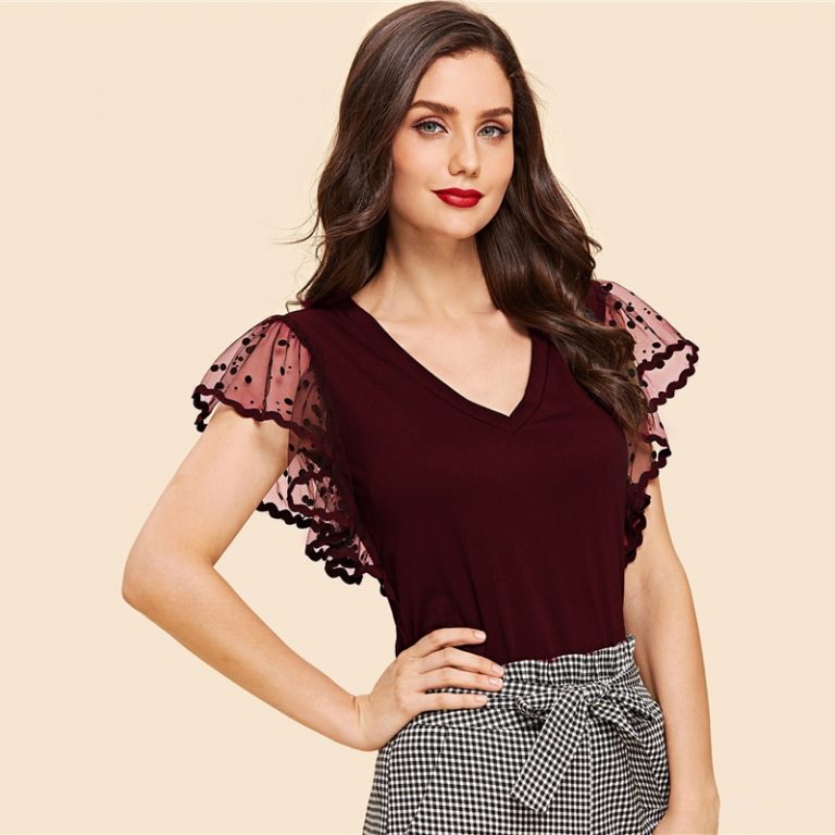 Vintage Black Dot Contrast Mesh Sleeve V Neck Plain T-shirt - Image 9