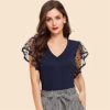 Vintage Black Dot Contrast Mesh Sleeve V Neck Plain T-shirt - Image 10