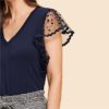 Vintage Black Dot Contrast Mesh Sleeve V Neck Plain T-shirt - Image 12