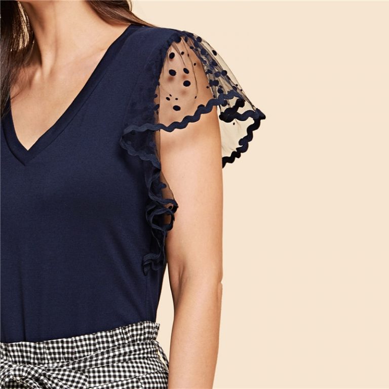 Vintage Black Dot Contrast Mesh Sleeve V Neck Plain T-shirt - Image 12