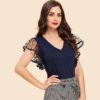 Vintage Black Dot Contrast Mesh Sleeve V Neck Plain T-shirt - Image 13