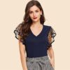 Vintage Black Dot Contrast Mesh Sleeve V Neck Plain T-shirt - Image 14