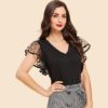 Vintage Black Dot Contrast Mesh Sleeve V Neck Plain T-shirt