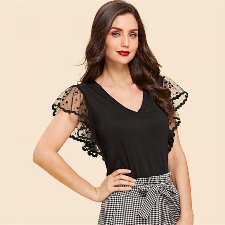 Vintage Black Dot Contrast Mesh Sleeve V Neck Plain T-shirt
