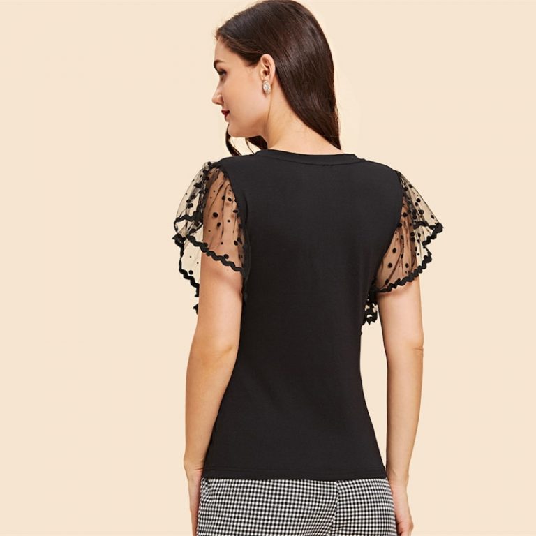 Vintage Black Dot Contrast Mesh Sleeve V Neck Plain T-shirt - Image 2